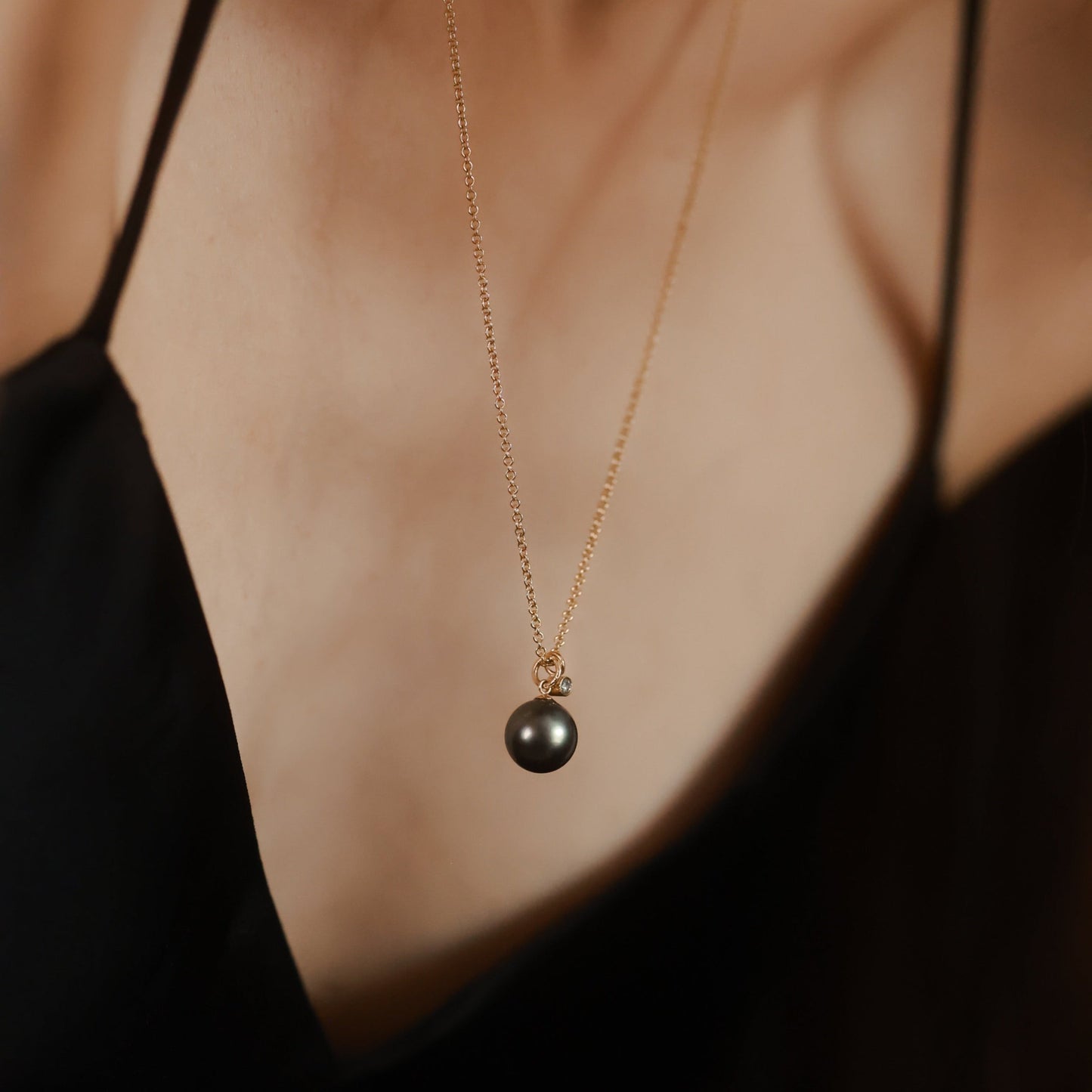 Black Pearl and Diamond Pendant Necklace