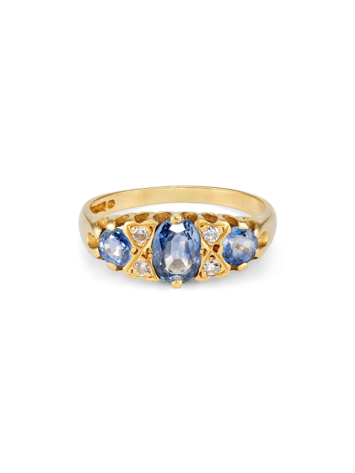 Vintage Blue Sapphire and Diamond Half Hoop Yellow Gold Ring