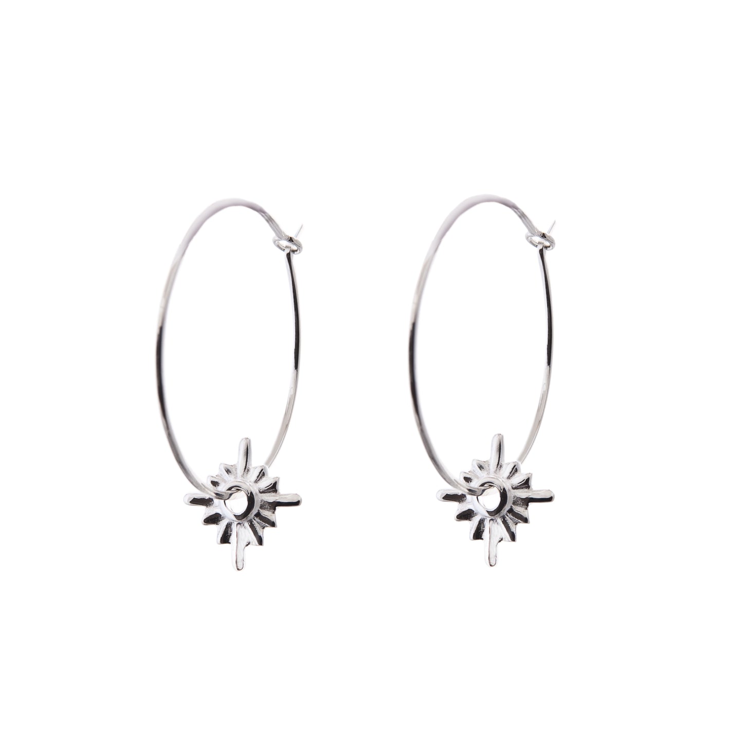 art deco style sunburst hoop earring silver 