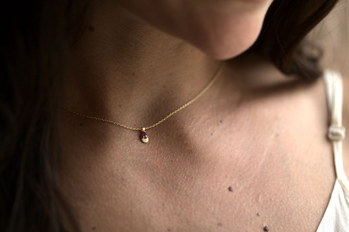 Ruby Roxana pink pendant on model