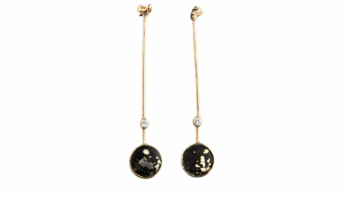 Stem black and gold drop earrings with diamond and gemstone slate pyrite