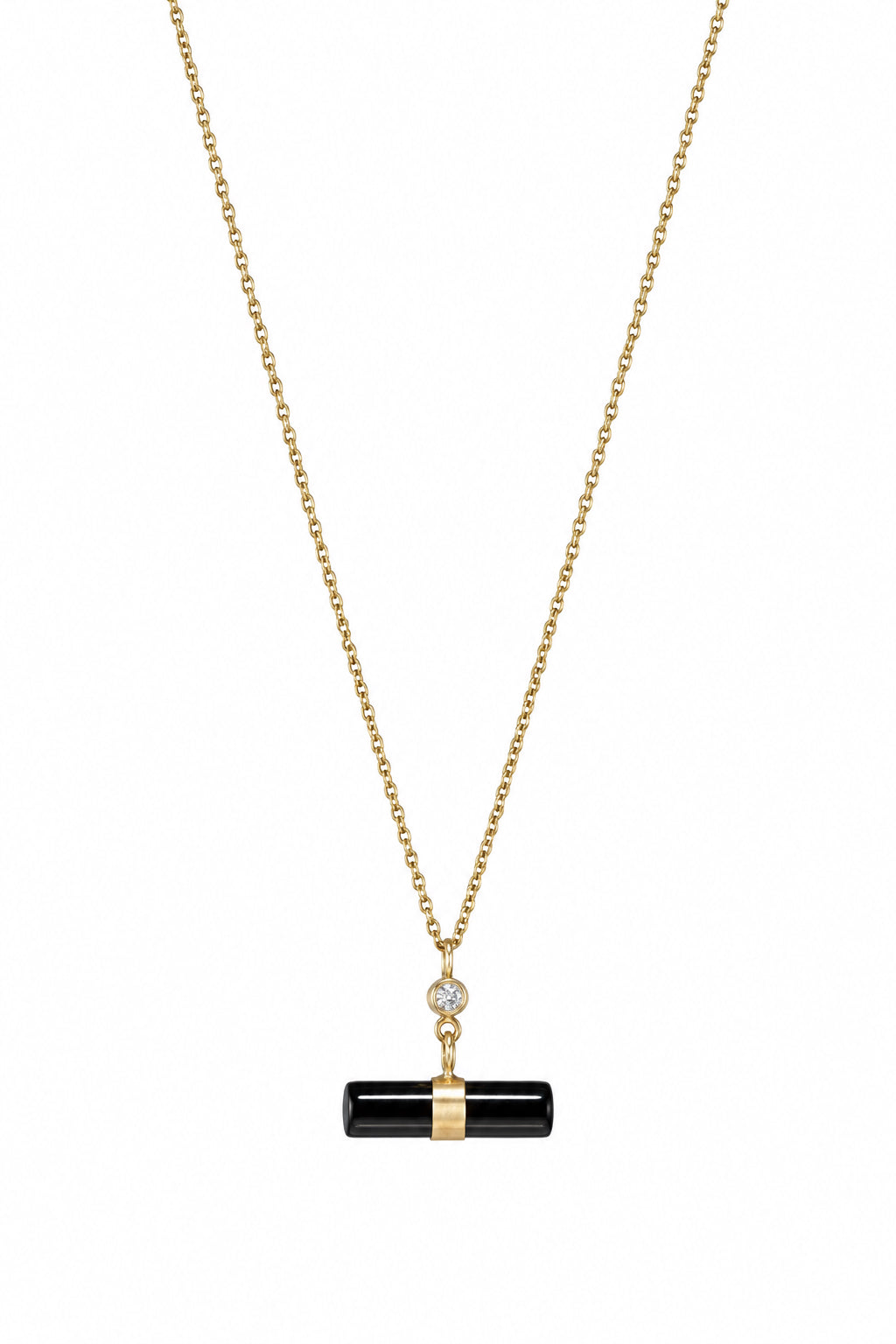 A yellow gold chain necklace featuring T bar style pendant.  A cylinder of black onyx with a white diamond.