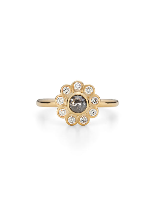 Daisy diamond ring with salt and pepper diamond