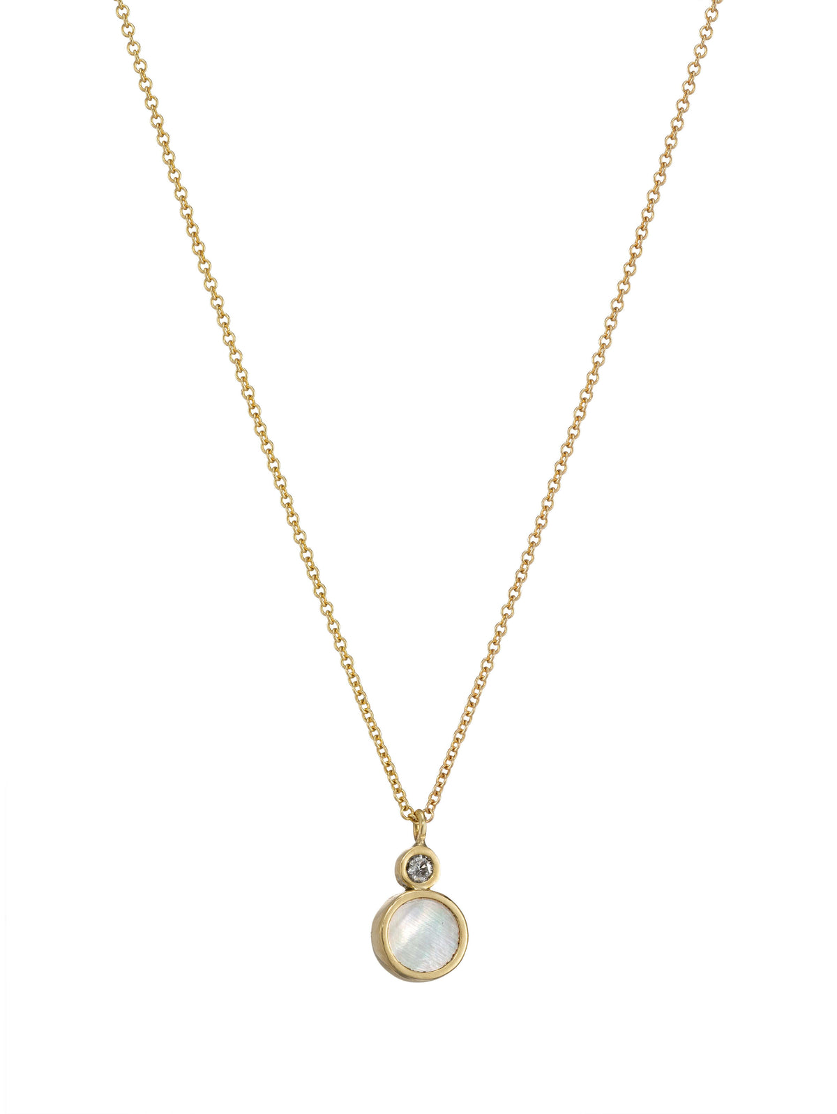 A delicate gold chain necklace featuring a round white mother-of-pearl pendant with a small diamond accent above it, set against a solid white background.
