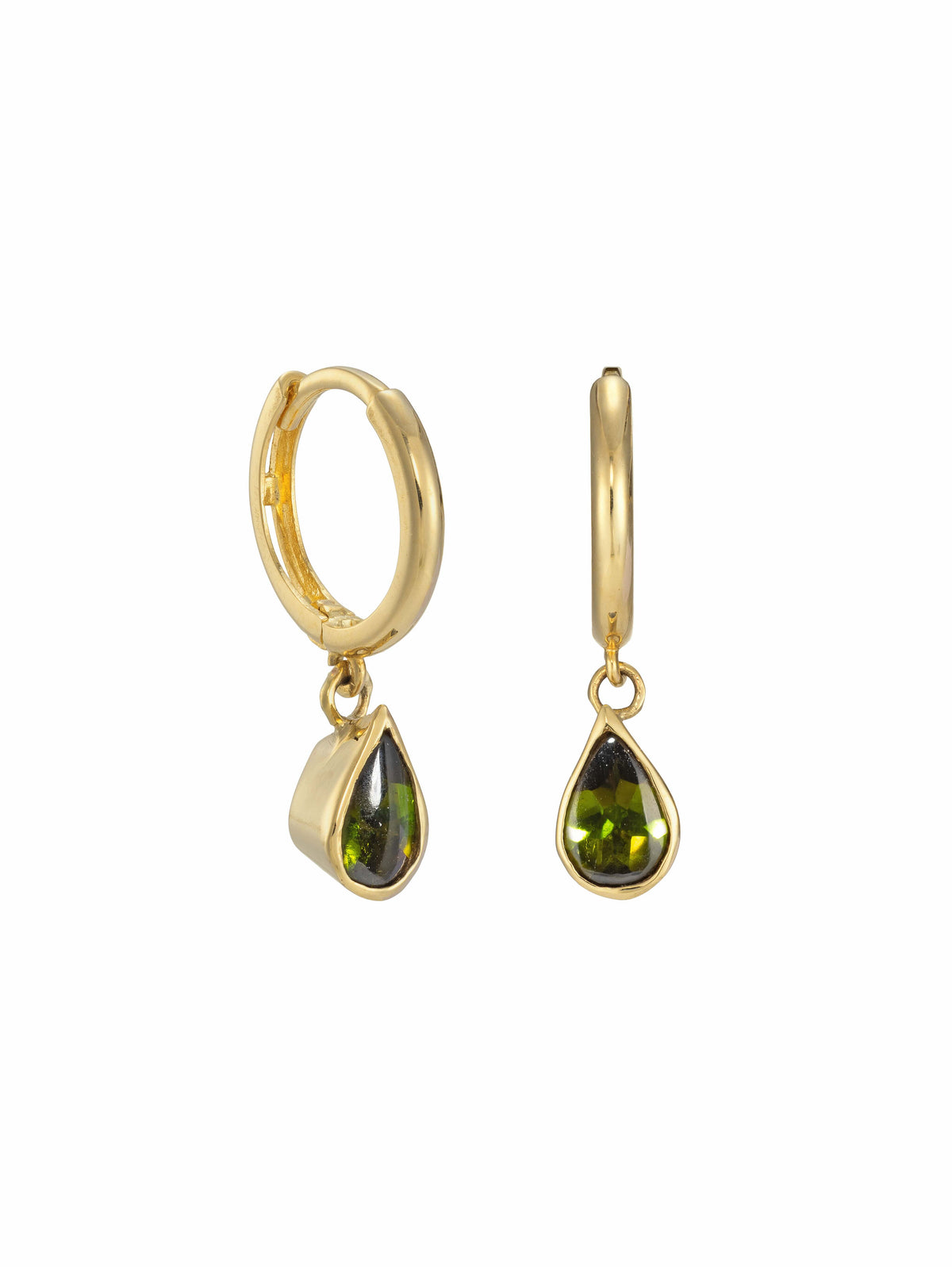 A pair of gold huggie hoop earrings with dangling teardrop-shaped green tourmaline gemstones, shown against a plain white background.