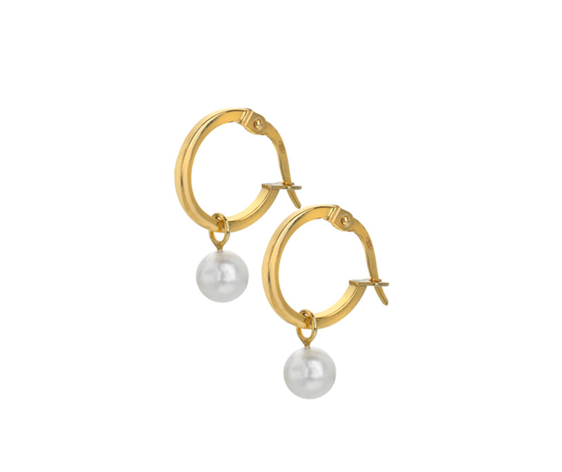 Square wire yellow gold hoop earrings with pearl drops