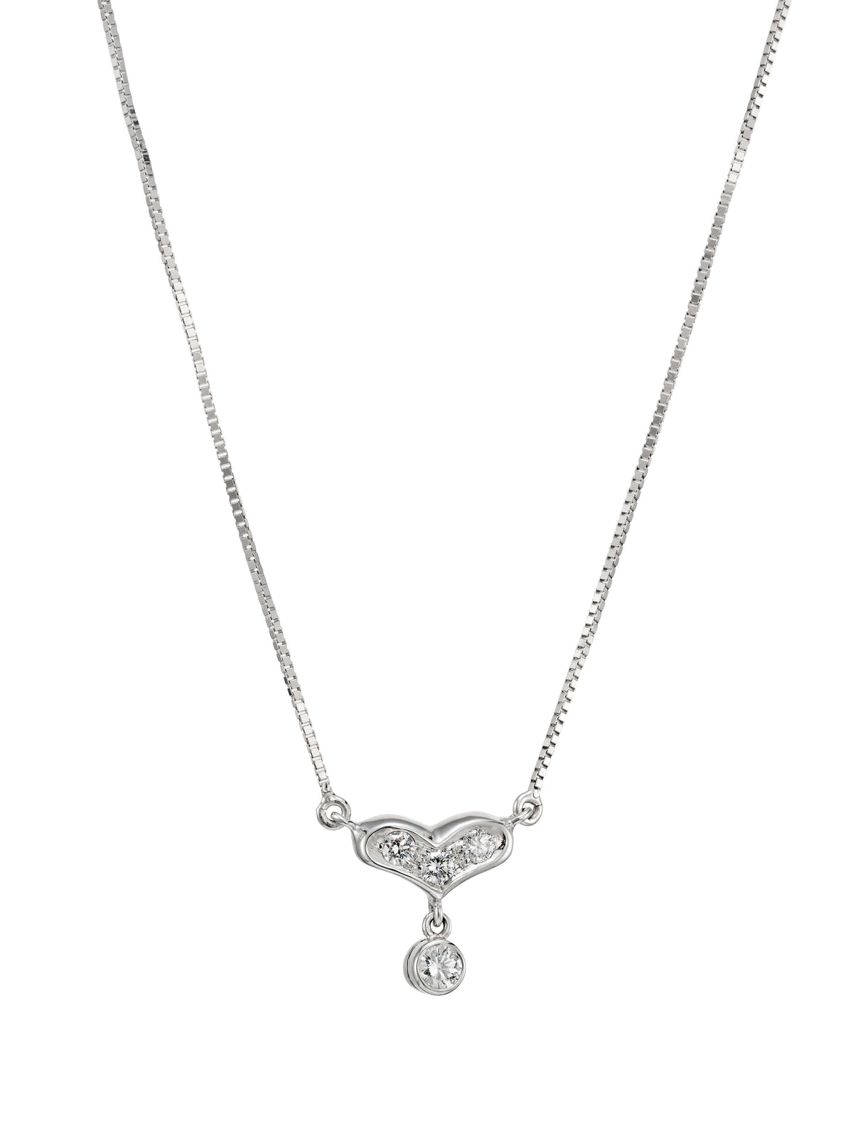 A silver box chain necklace with a heart-shaped pendant set with small clear stones and a teardrop-shaped clear stone hanging below, shown on a plain white background.