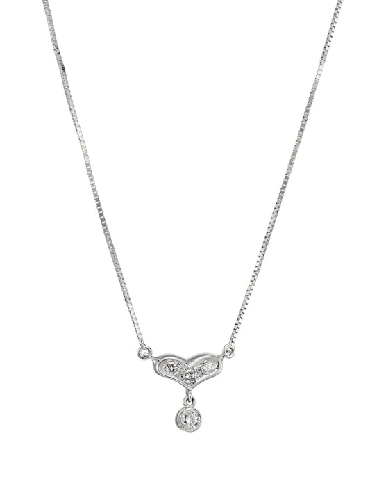 A silver box chain necklace with a heart-shaped pendant set with small clear stones and a teardrop-shaped clear stone hanging below, shown on a plain white background.