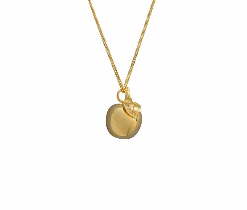 handmade gold plated apple pendant necklace on white background