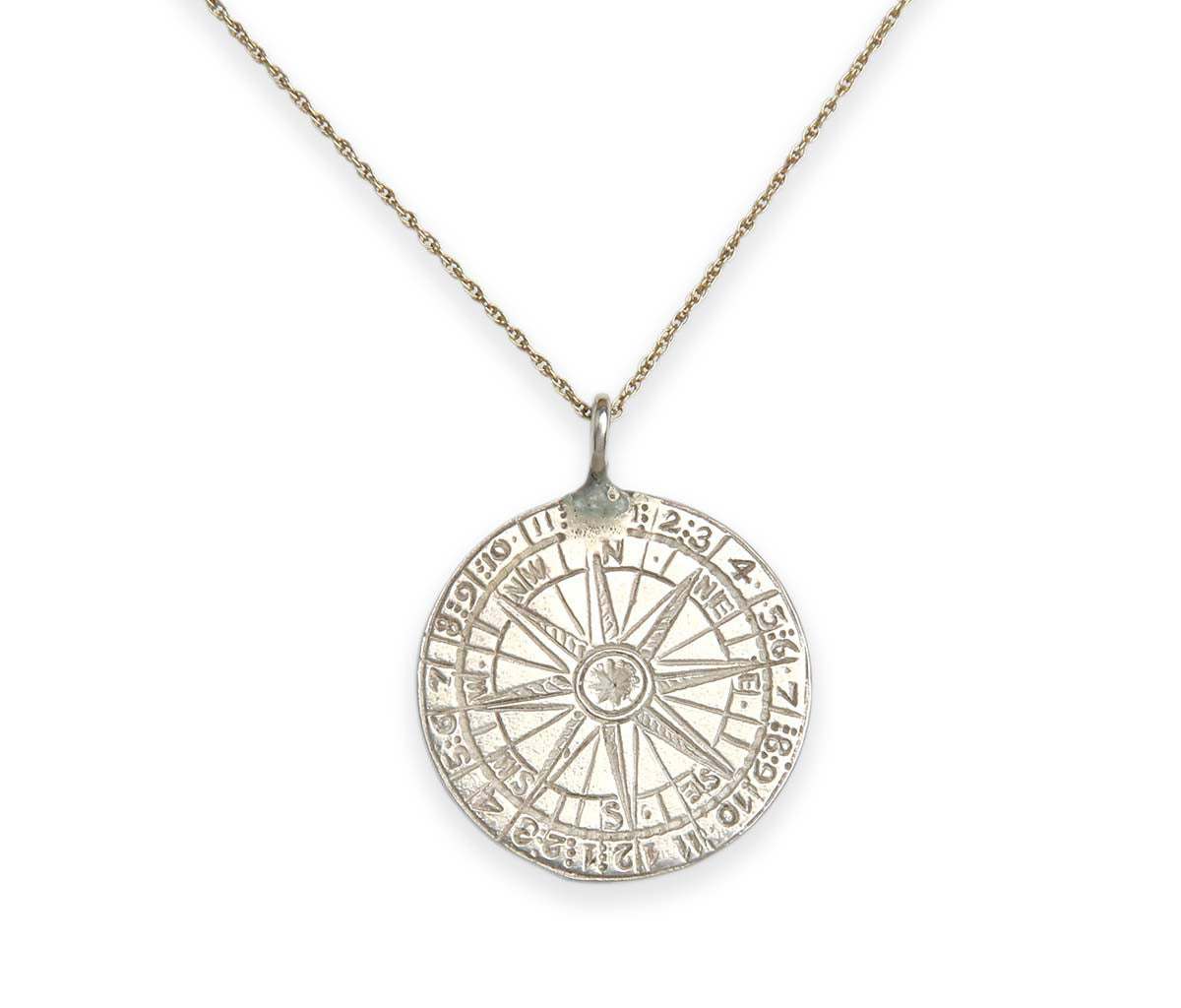 Close up on white background - large recycled silver disc pendant compass necklace