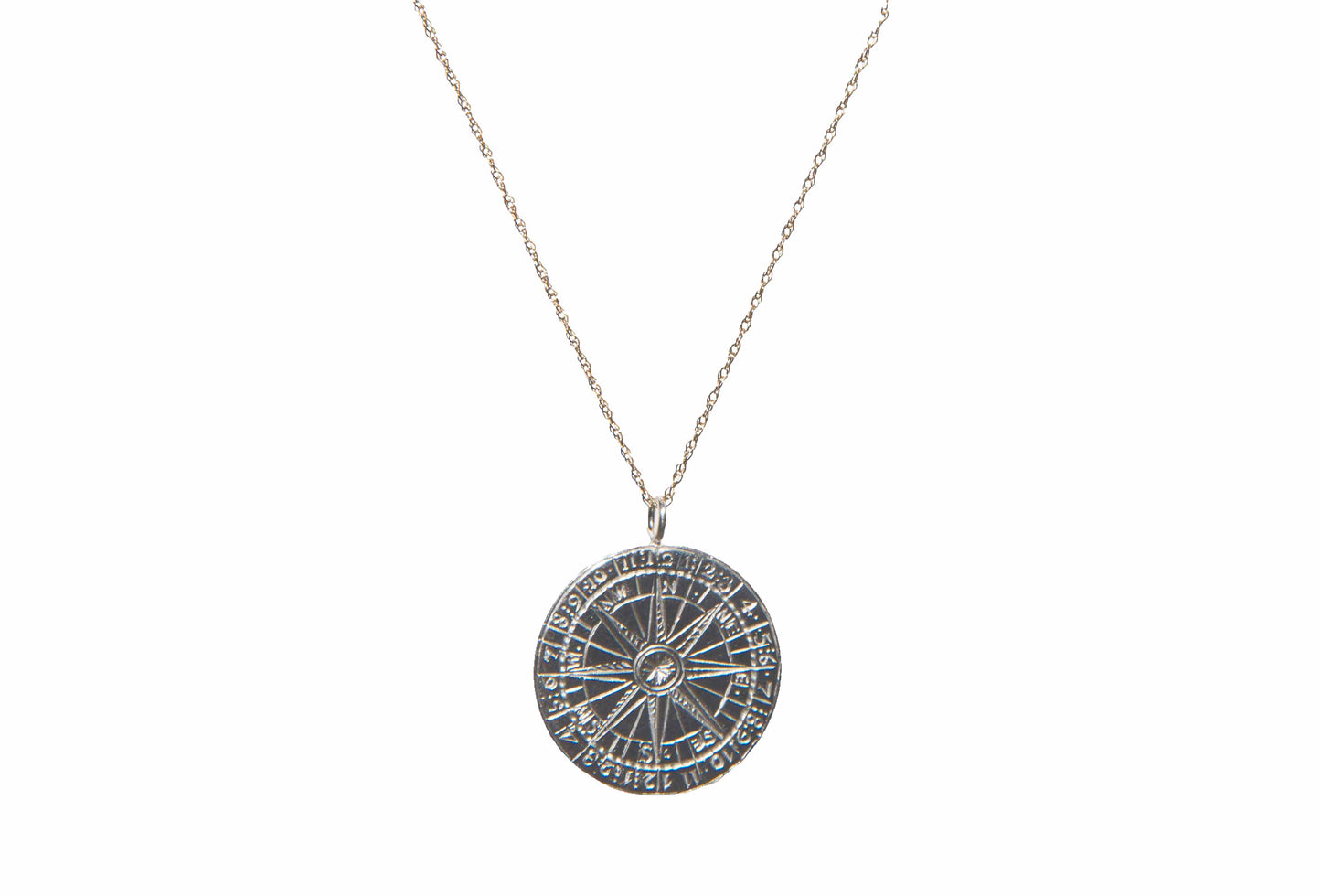 Large recycled silver disc pendant compass necklace