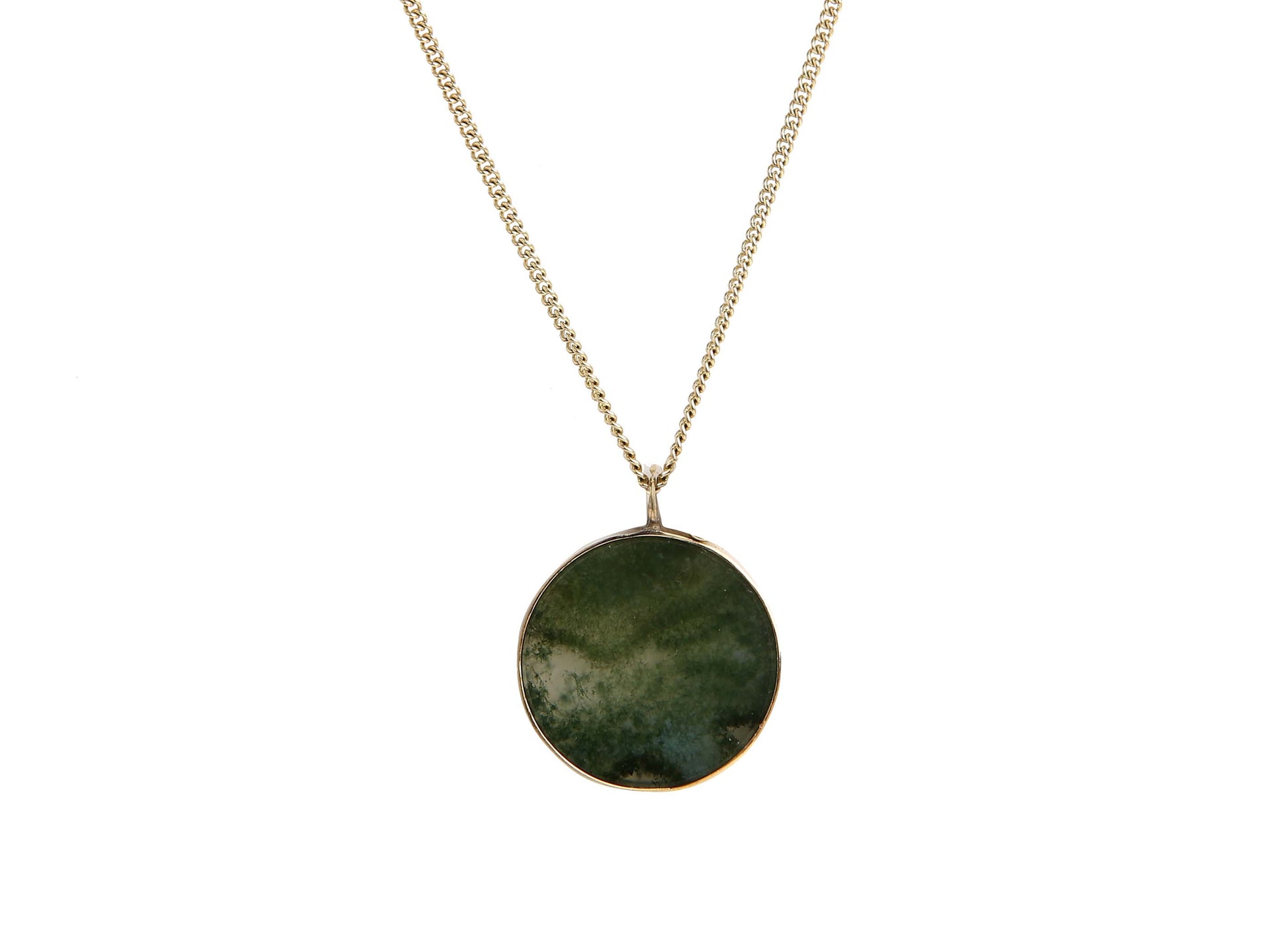 handmade moss agate green disc and gold pendant necklace