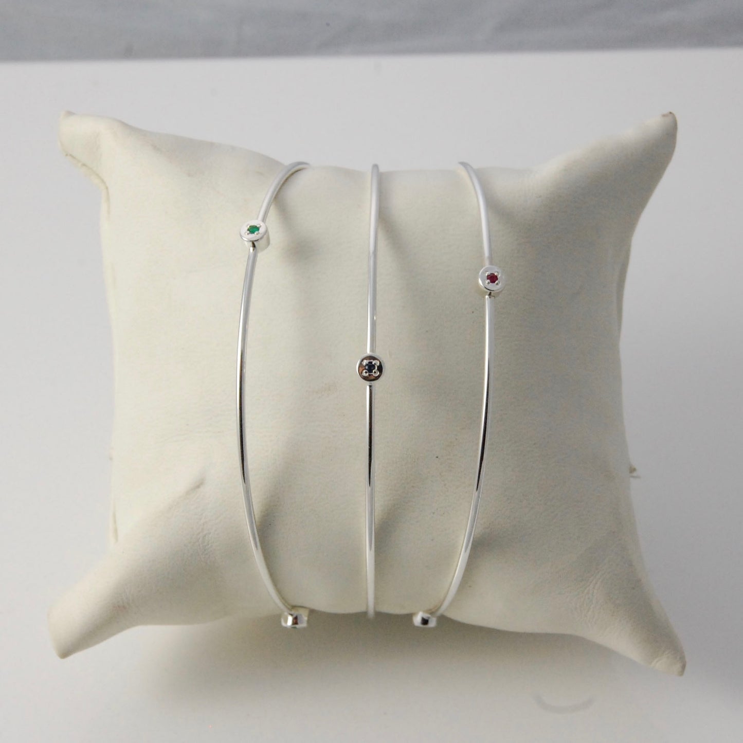 3 handmade solid silver bangles with gemstone studs