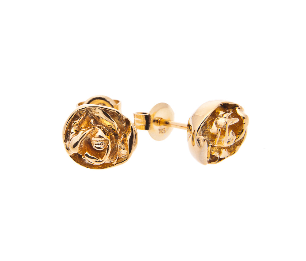 gold rose stud earrings on white background