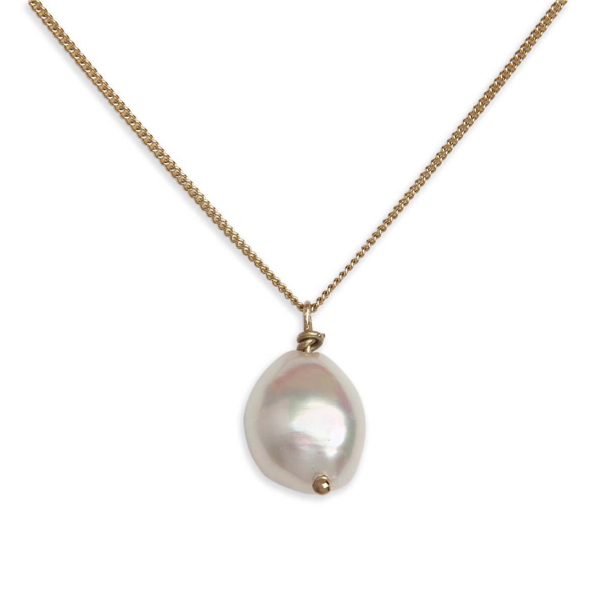Baroque pearl gemstone on gold chain - white background
