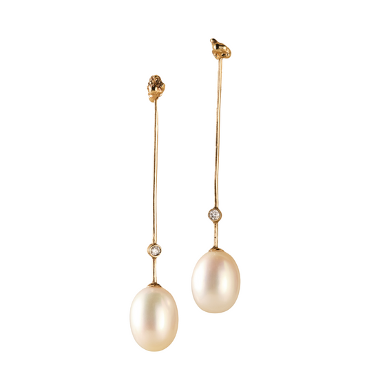 drop stem gold earrings with pearl and diamonds