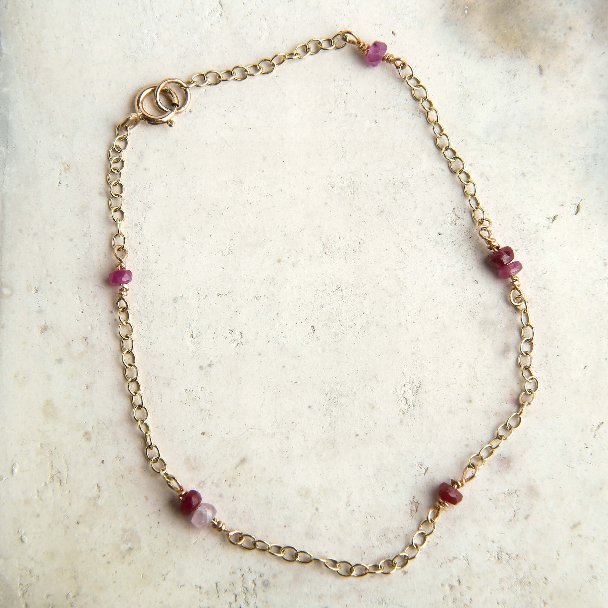 handmade faceted gemstone chain bracelet with ruby beads