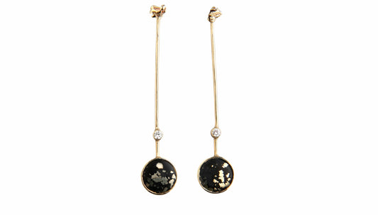 Stem black and gold drop earrings with diamond and gemstone slate pyrite