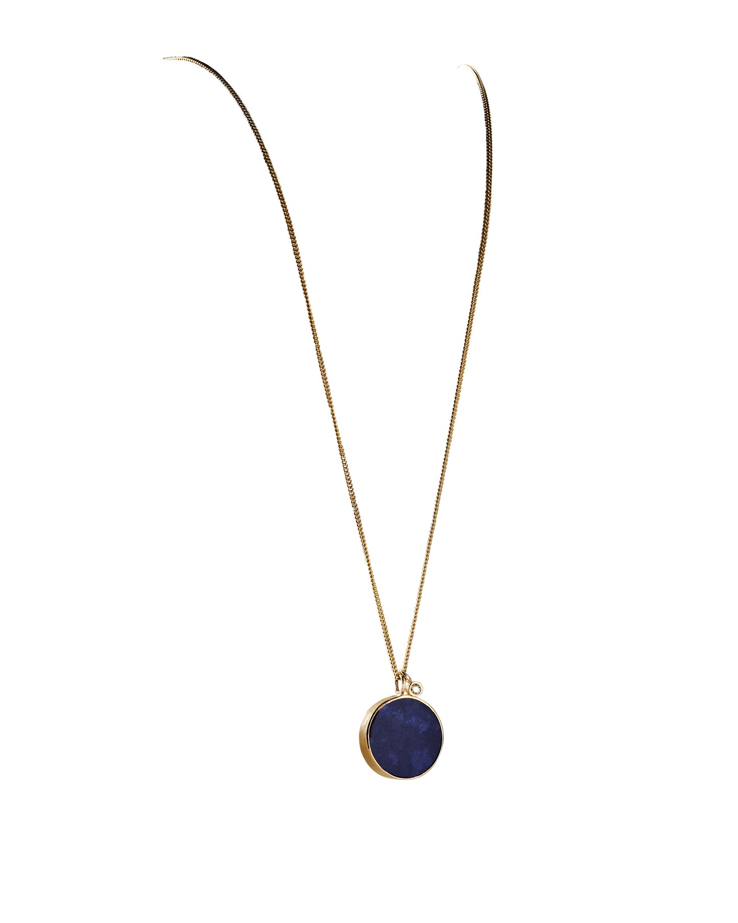 Blue lapis lazuli and gold pendant necklace white background