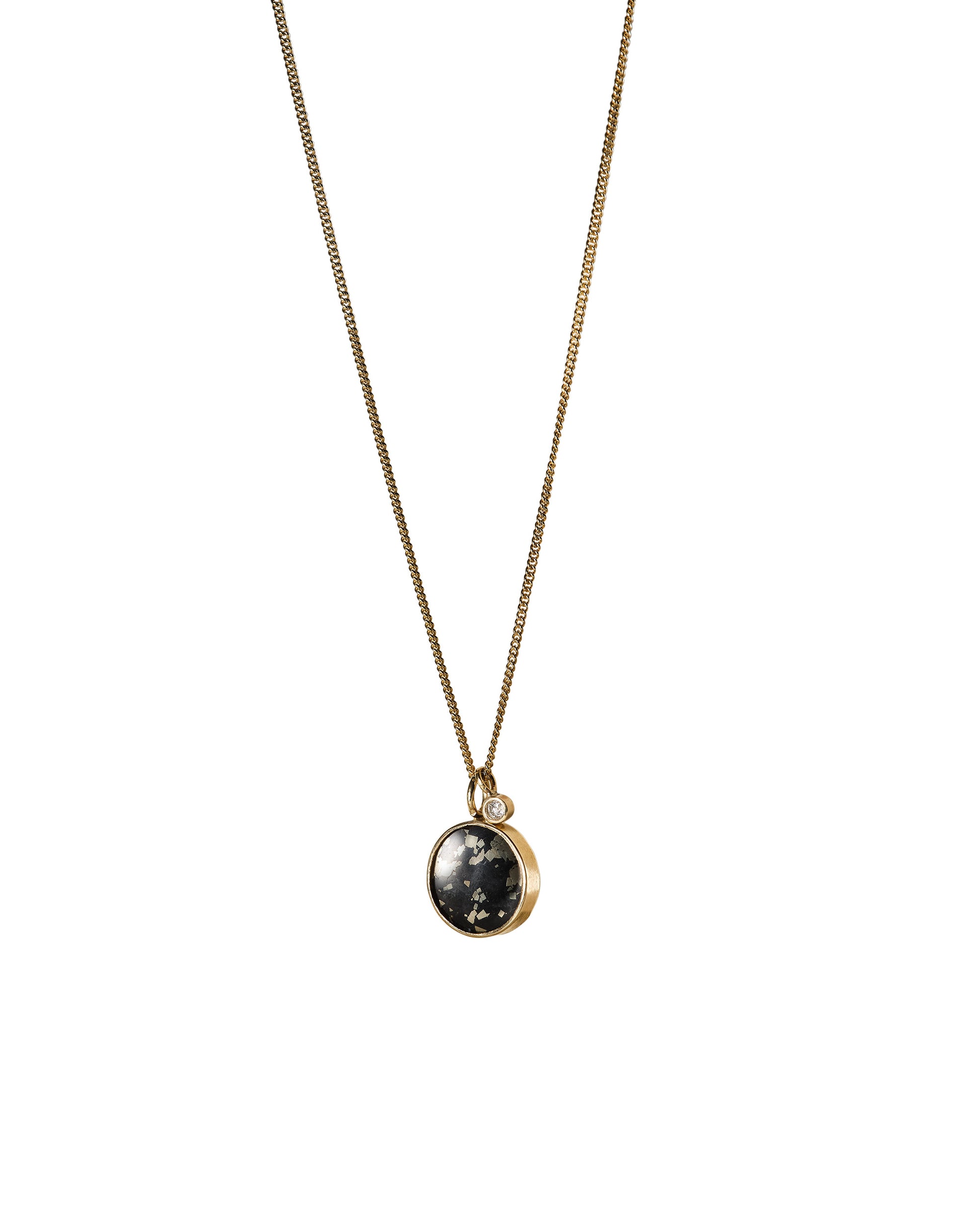 small black and gold pendant necklace with slate pyrite