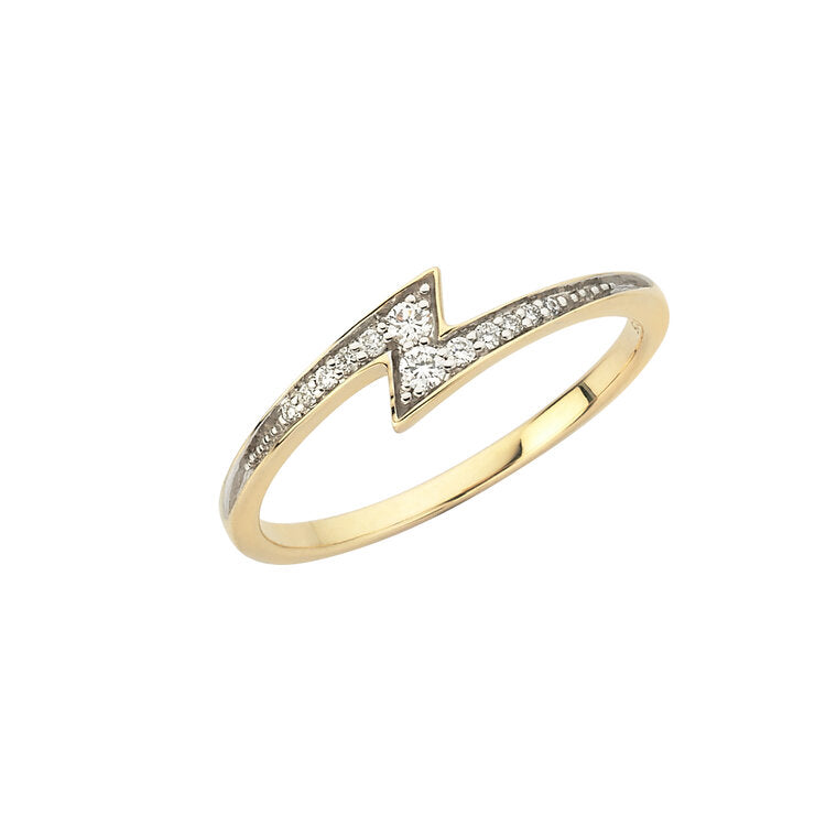 gold and white diamond lightning bolt ring on side