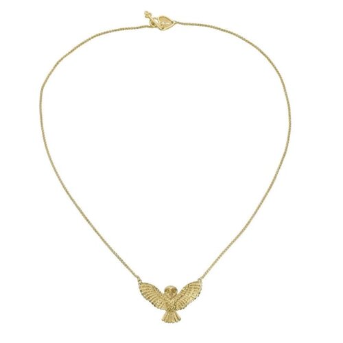 Zoe and Morgan gold plated owl pendant necklace on white background
