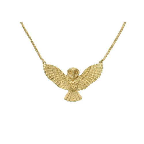 Close up of Zoe and Morgan gold plated owl pendant necklace